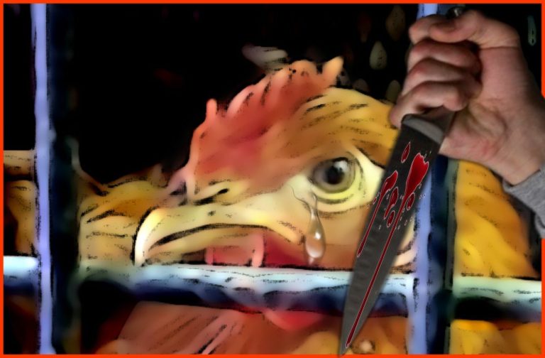 Painting of a hand holding a bloody dagger and a hen with tears